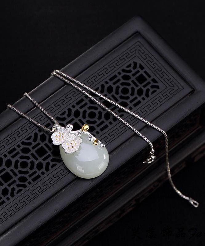 Cyan Sterling Silver Jade Water Drop Cherry Blossoms Pendant Necklace