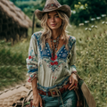 Women's Retro American Western Country Style Floral Embroidered Linen Blend V-neck Long Sleeve T-shirt elevenforest