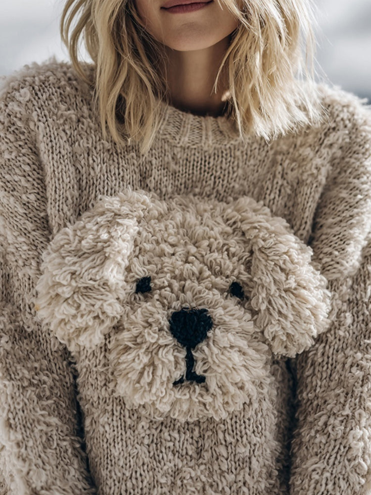 Comstylish Cute Fuzzy Dog Embroidered Soft Cozy Sweater