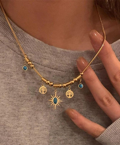 Gold Sterling Silver Overgild Turquoise Sunflower Tassel Pendant Necklace
