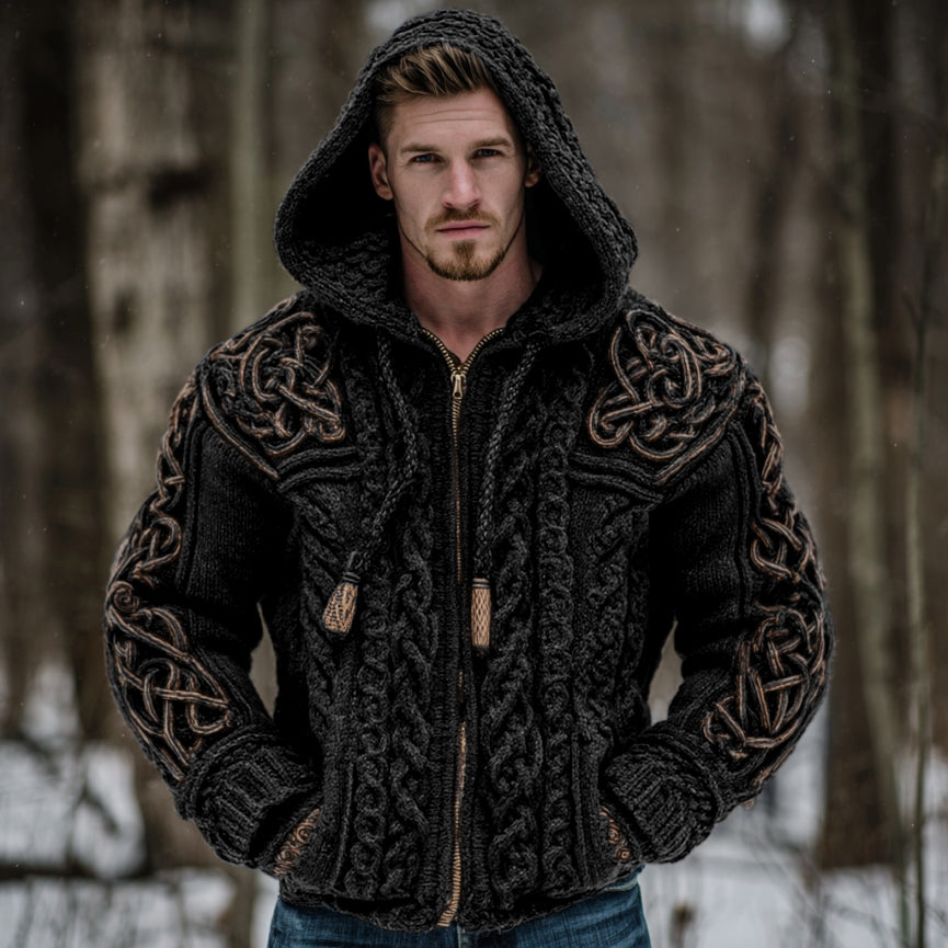 Men's Vintage Viking Celtic Knot Art Chunky Knit Hooded Zip-up Sweater artswardrobe