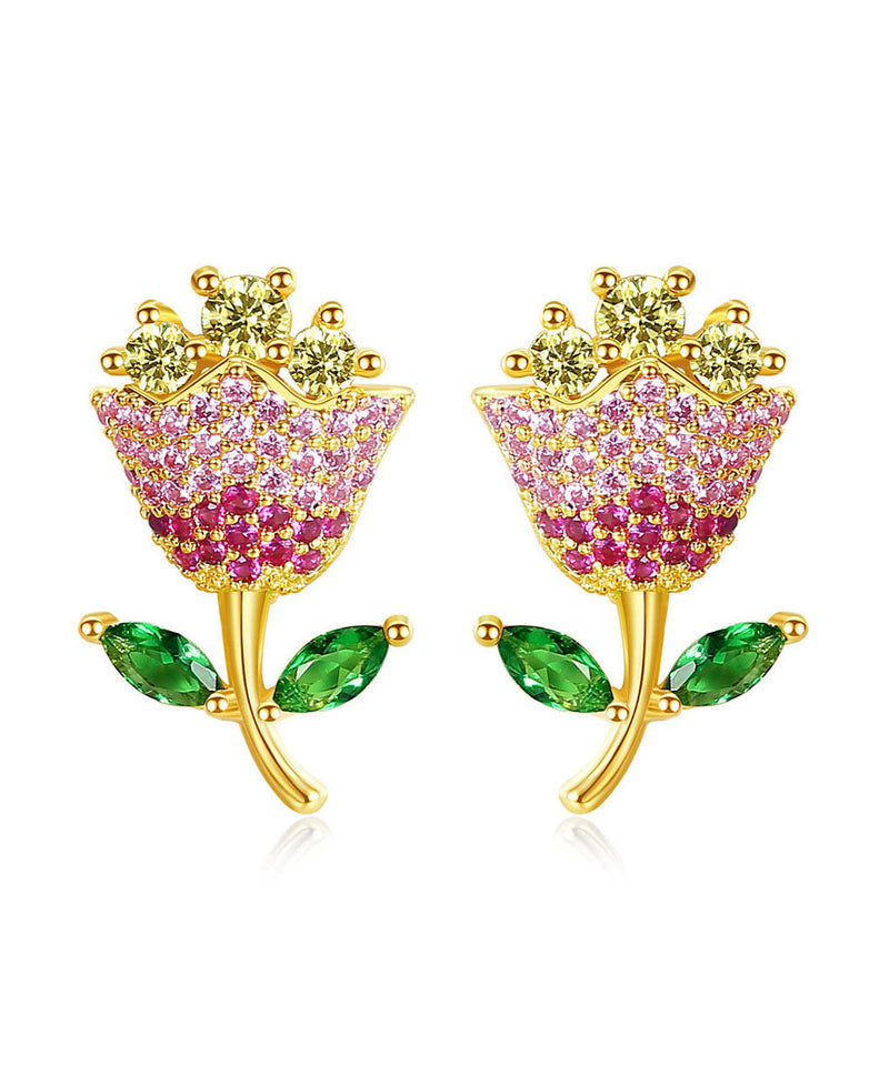 Multi Color Rose Zircon Copper Stud Earrings