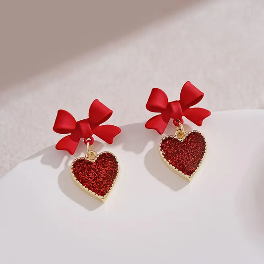 Bright Red Heart Tie Earrings