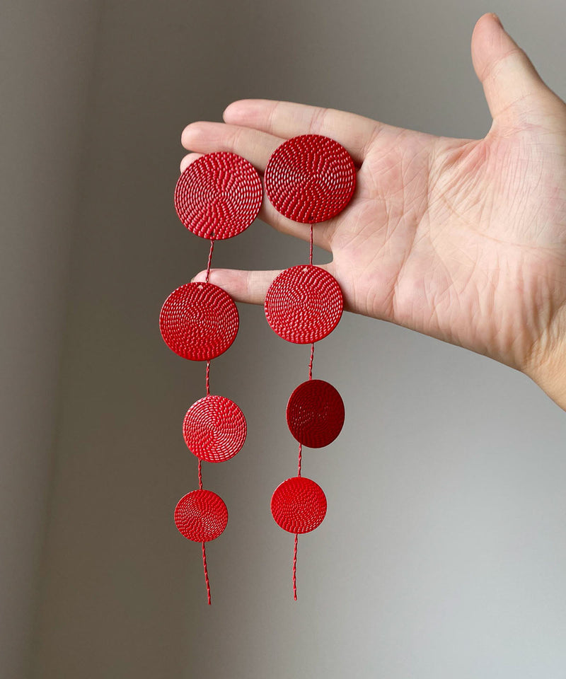 Chinese Style Red Metal Sequins Tassel Drop Earrings