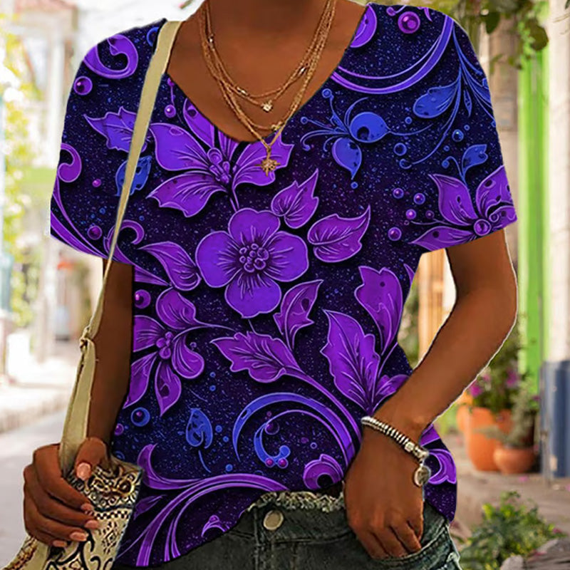 Comstylish Women's Purple Floral Print Casual T-shirt