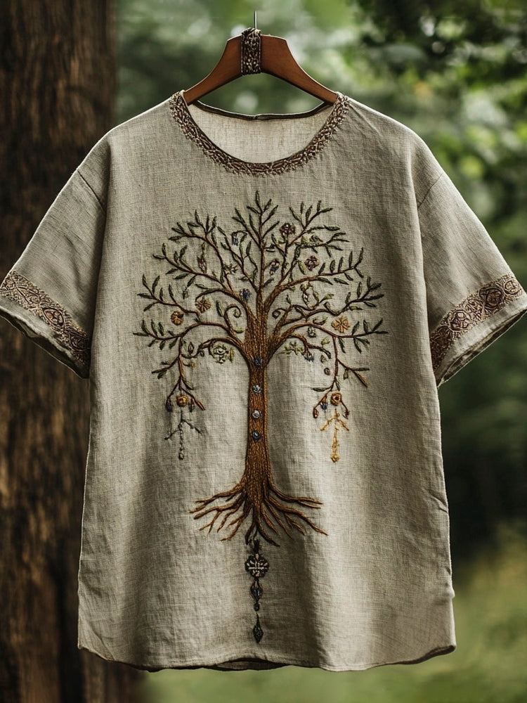 Viking Tree Of Life Embroidered Vintage Art Men's Linen T-shirt elevenforest