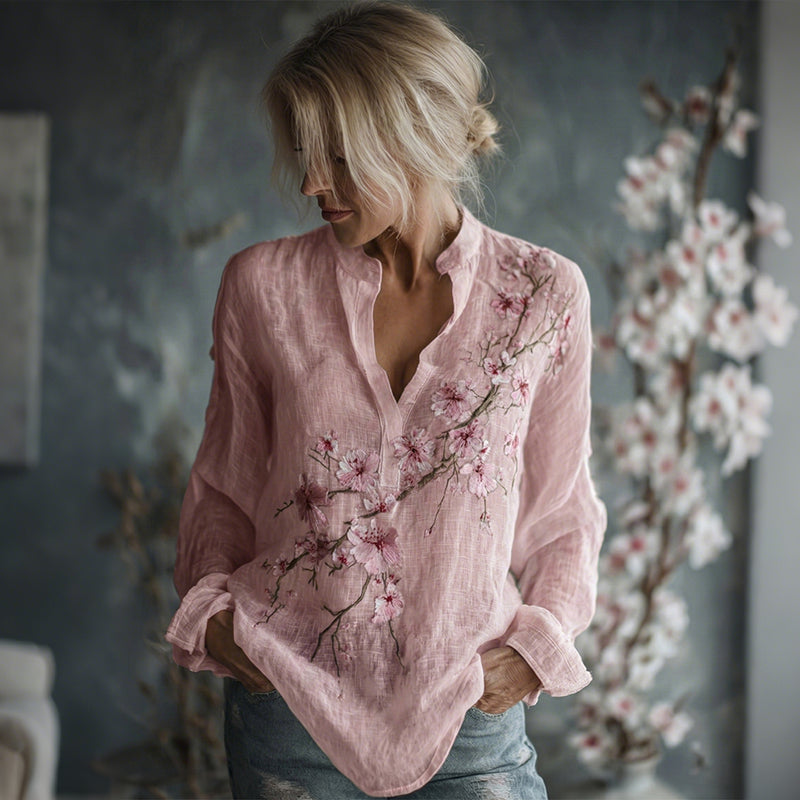 Women's Vintage Flowers Embroidered Linen Long Sleeve Shirt elevenforest