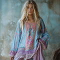 Retro Bohemian Boho Purple Floral Embroidered Color Block Patchwork Linen Blend Loose Tunic elevenforest