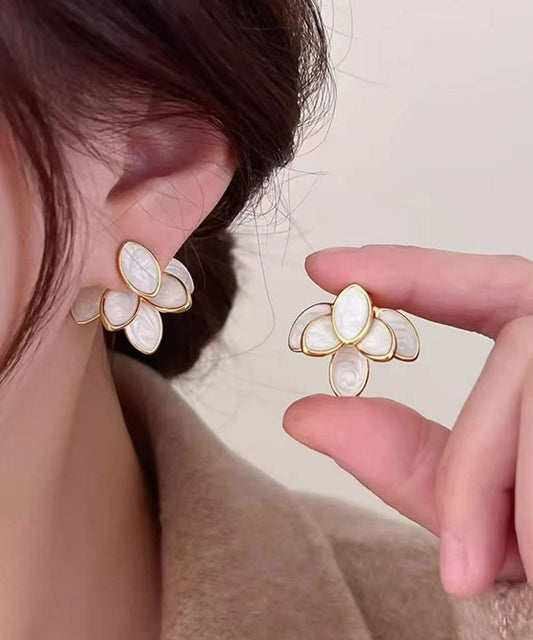 Diy Beige Copper Overgild Zircon Leaf Stud Earrings