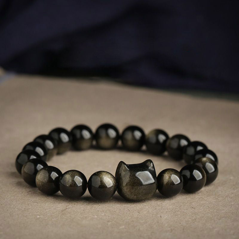 Buddha Stones Gold Sheen Obsidian Silver Sheen Obsidian Paw Lucky Cat Protection Bracelet
