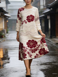 Comstylish Japanese Floral Thread Pattern Women's Linen Long Sleeve Midi Dress