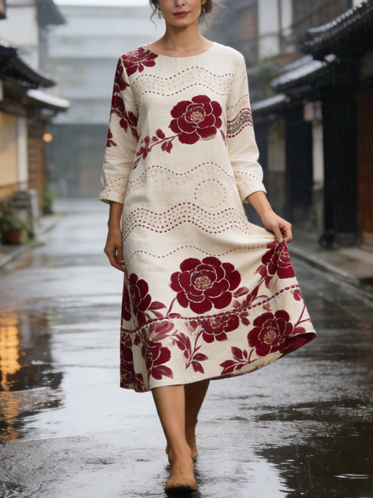 Japanese Floral Thread Pattern Women's Linen Long Sleeve Midi Dress elevenforest