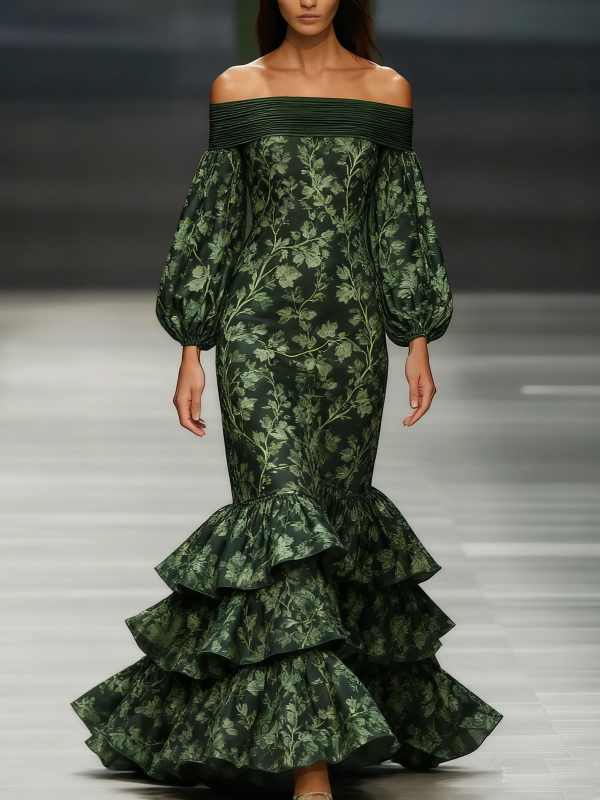 Women's off-the-shoulder long-sleeved green chiffon dress