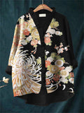 Comstylish Japanese Chrysanthemum Floral Art Ruffle Trim Linen Blouse