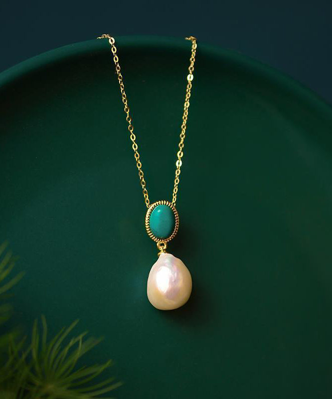 Gold Sterling Silver Overgild Turquoise Pearl Pendant Necklace