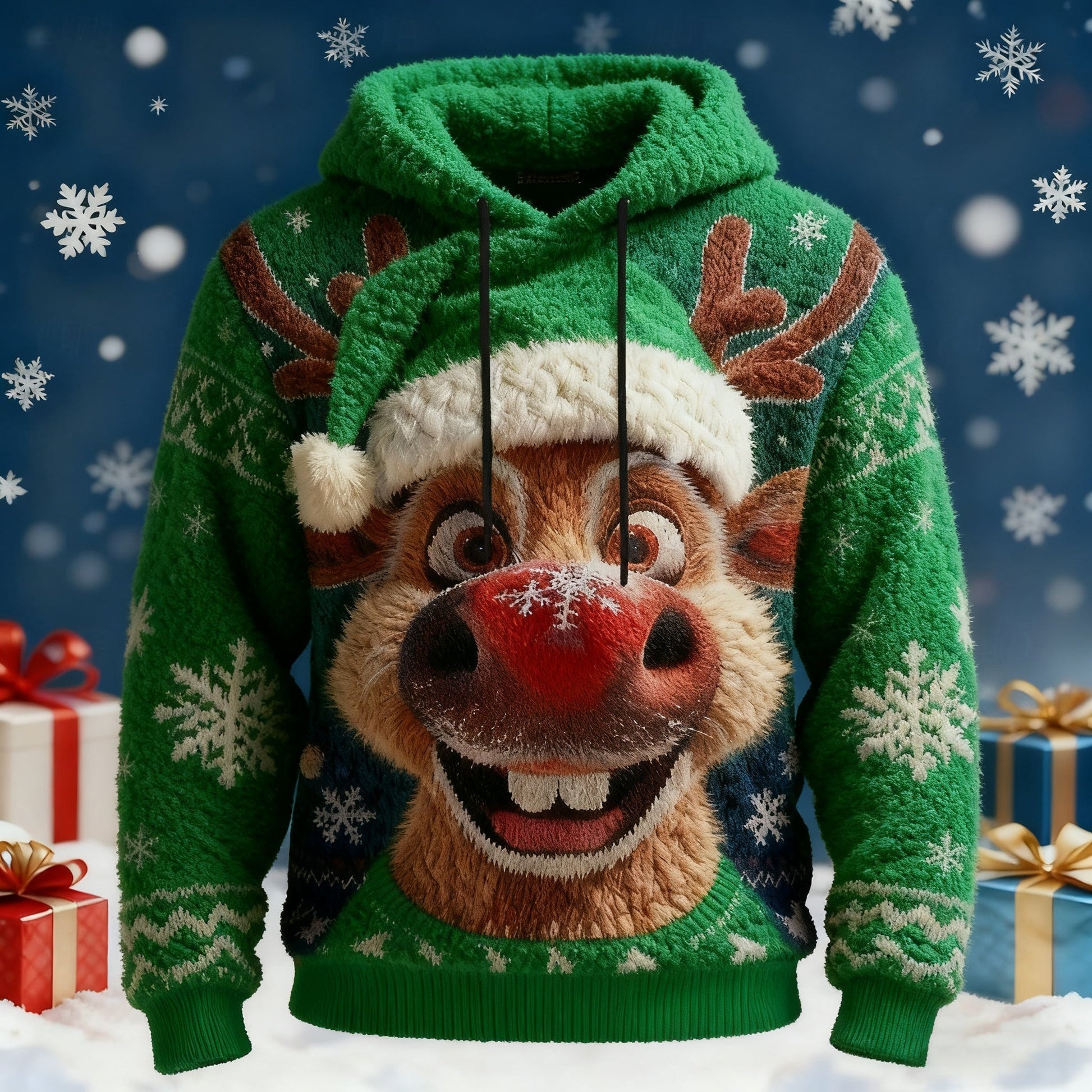 Comstylish Men's Vintage Christmas Elk Art Cozy Plush Ugly Hooded Sweater