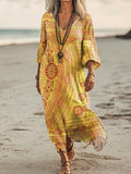 Women's Vintage Ethnic Floral Art Print Pocket Cotton Dress