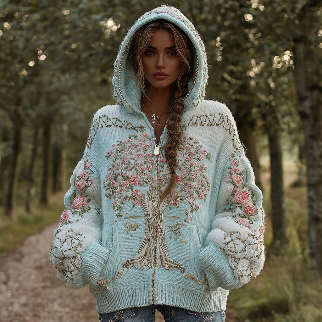 Comstylish Women's Viking Pink Rose Tree Of Life Knit Zip-up Hooded Sweater