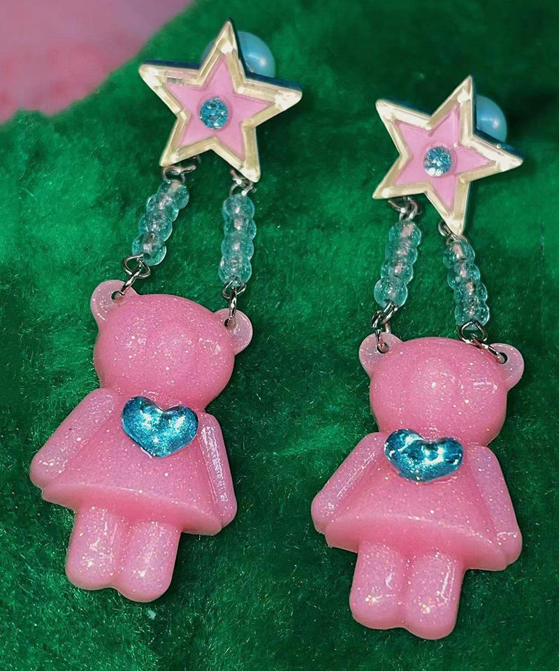 Pink Alloy Acrylic Star Little Bear Resin Love Zircon Drop Earrings