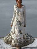 Vintage White Roses Cozy Hooded Maxi Sweater Dress