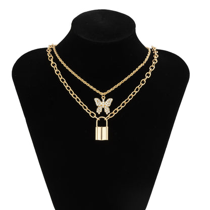 Inlaid Rhinestone Set Metal Necklace Personality Geometric Padlock Pendant Alloy Jewelry