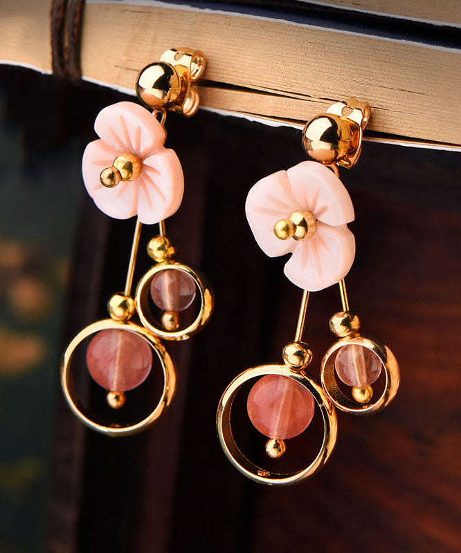 Pink Crystal Shellfish Flower 14k Gold Drop Earrings