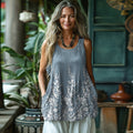 Comstylish Lace Floral Art Linen Sleeveless Tank Top