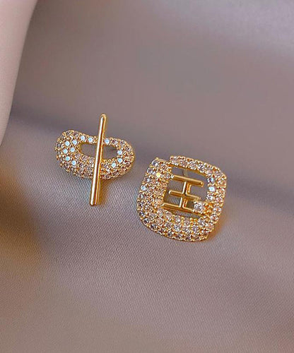 Art Gold 14k Gold Zircon Asymmetric Chinese Characters Stud Earrings