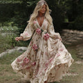 Women's Vintage Rose Embroidery Art Casual V Neck Long Sleeve Maxi Dress