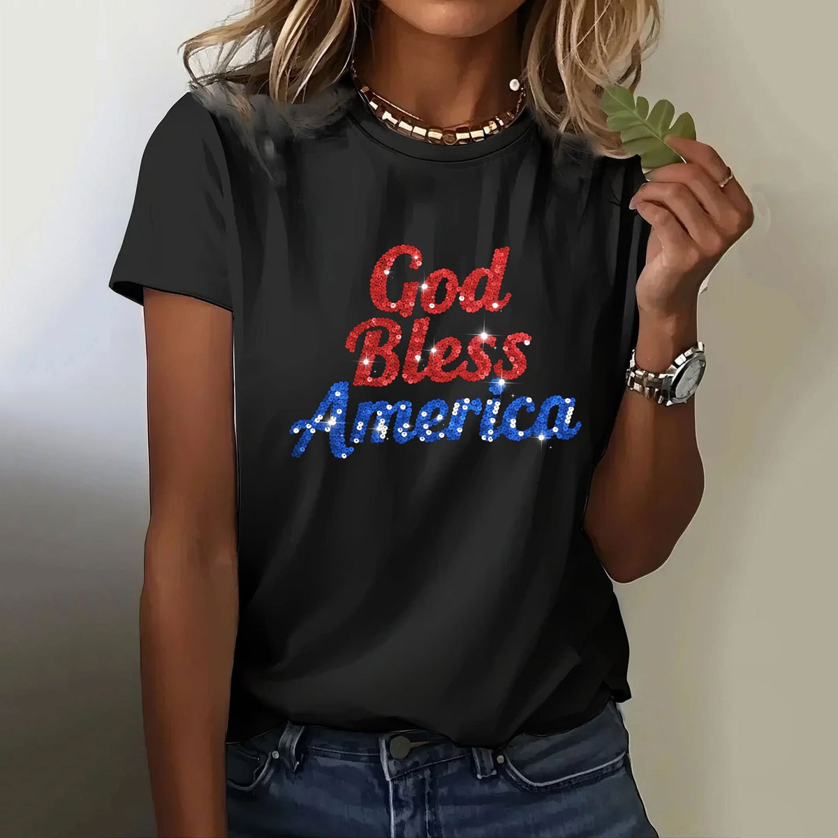Comstylish Women's Independence Day God Bless America Sequin Print Round Neck Short Sleeve T-shirt