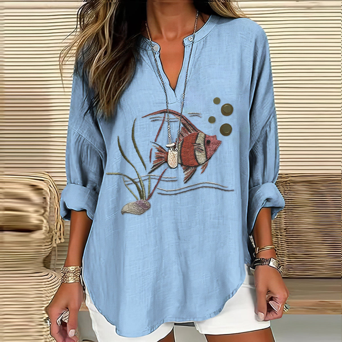 Comstylish Protect Marine Animals Printed Ladies V-neck Shirt