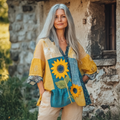 Bohemian Sunflower Linen Floral Art Print Long Sleeve V-neck Shirt elevenforest