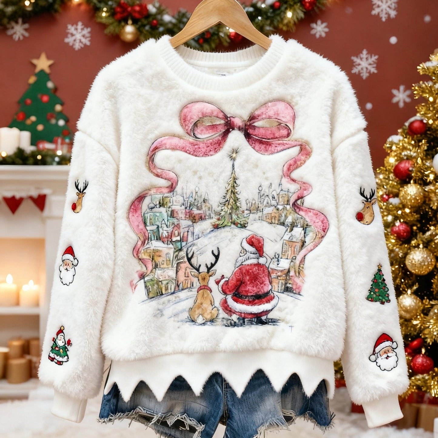 Comstylish Cute Reindeer And Santa Claus Bow Pattern Warm Crew Neck Sweater