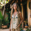 Comstylish Women's Retro Loose Bohemia Ethnic Style Linen V-neek Sleeveless Top