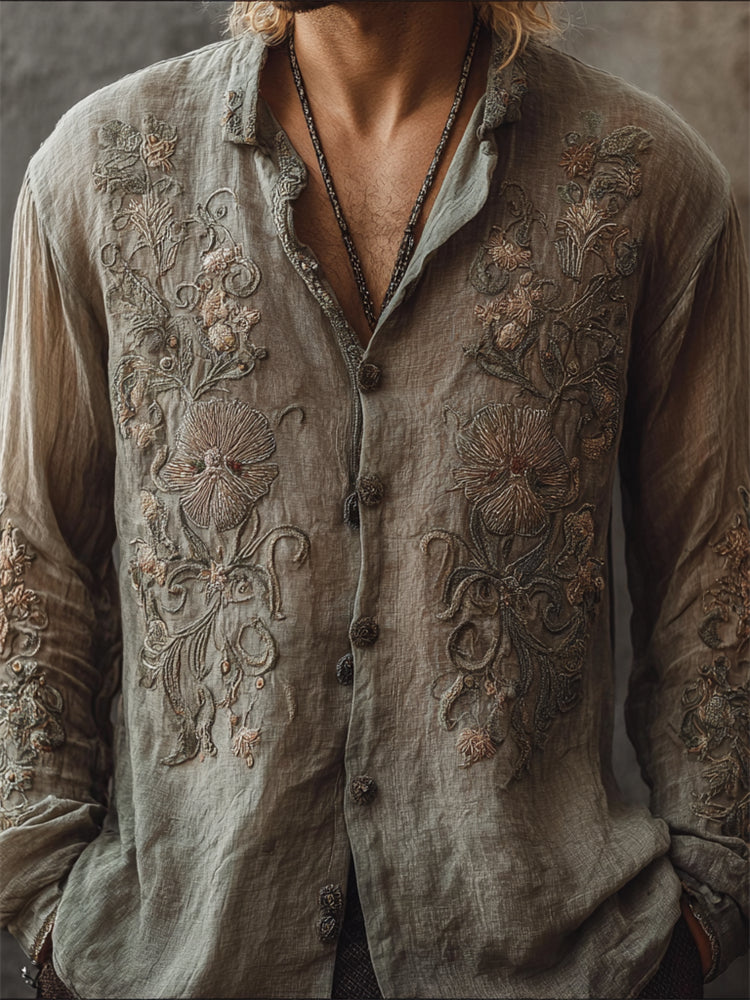 Men's Vintage Boho Floral Embroidered Natural Dyed Linen Shirt elevenforest