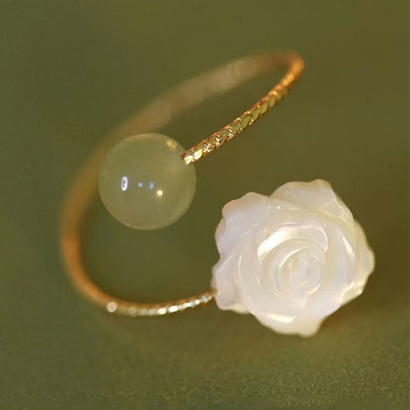 Buddha Stones 14k Gold Plated Tridacna Stone Rose Flower Jade Bead Blessing Ring