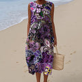 Women's Beaded Flower Butterfly Art Print Crew Neck Tank Midi Dress elevenforest