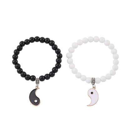 Buddha Stones 2pcs Black Onyx White Turquoise Bead Yin Yang Protection Couple Bracelet