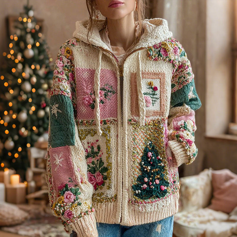 Women's Christmas Tree And Rose Pattern Knitted Zip-up Hooded Sweater elevenforest