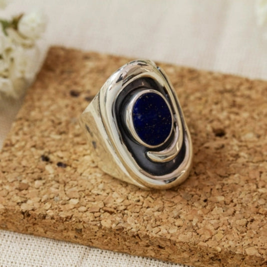 Dark Inlaid Stone Silver Ring