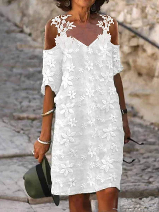 V-neck Lace Strap Patchwork Raglan Sleeve Embroidered Dress