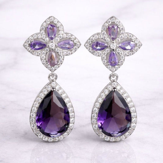 “stewart” Purple Clover Drop Earrings – Amethyst Teardrop Halo Statement Earrings