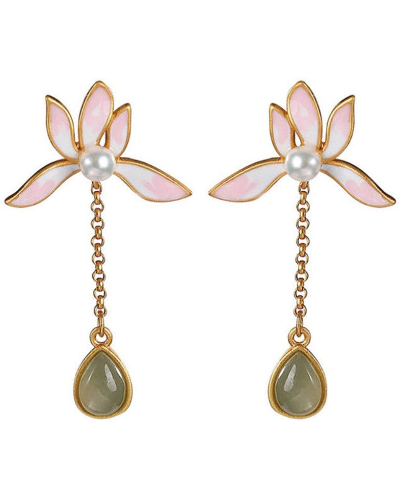 Pink Sterling Silver Overgild Inlaid Jade Drop Earrings