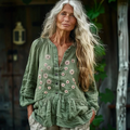 Bohemian Linen Floral Art Print Long Sleeve Loose  Shirt elevenforest