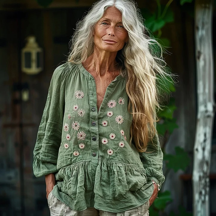 Bohemian Linen Floral Art Print Long Sleeve Loose  Shirt elevenforest