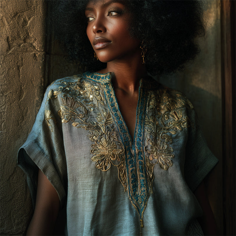 Ancient Egyptian Golden Floral Embroidered Flowy Linen Shirt elevenforest