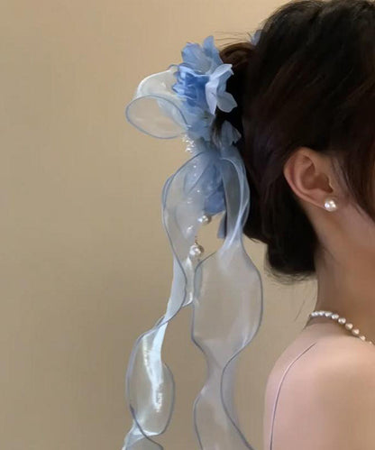 Blue Tulle Bow Pearl Ribbon Hairpin