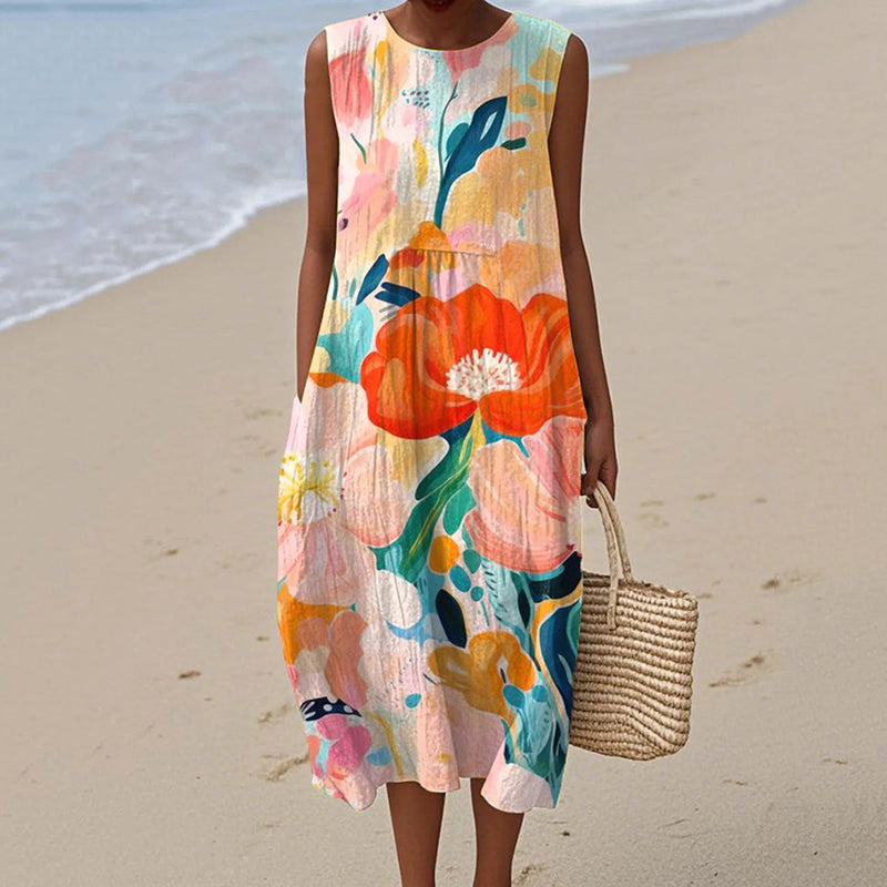 Women's Vintage Floral Print Sleeveless Casual Cotton Dress elevenforest