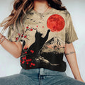 Comstylish Black Cat Mount Fuji Sunrise Japanese Art T Shirt