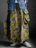 Women's Folk Art Floral Print Casual Cotton and Linen Pocket Skirt